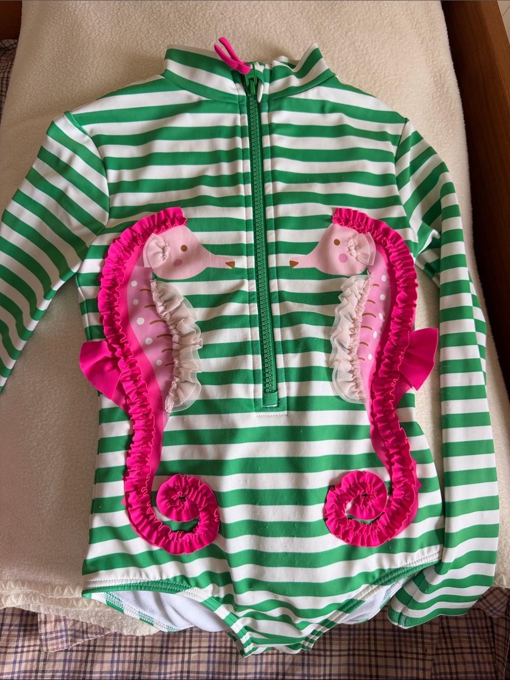 Mini Boden Green & White Striped Rashguard with Hot Pink Seahorse Appliqués